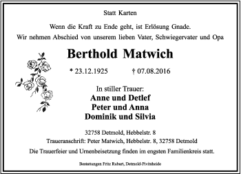 Anzeige  Berthold Matwich  Lippische Landes-Zeitung