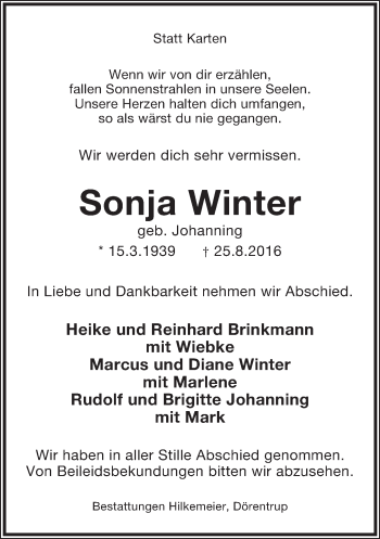 Anzeige  Sonja Winter  Lippische Landes-Zeitung
