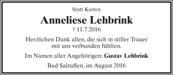 Anzeige  Anneliese Lehbrink  Lippische Landes-Zeitung
