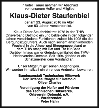 Anzeige  Kaus-Dieter Staufenbiel  Lippische Landes-Zeitung
