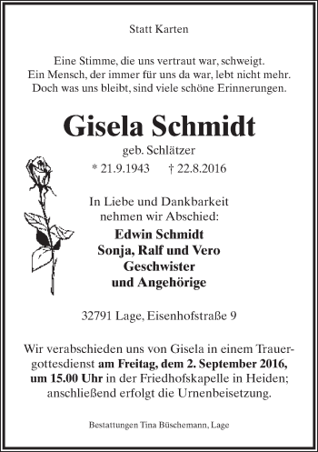 Anzeige  Gisela Schmidt  Lippische Landes-Zeitung