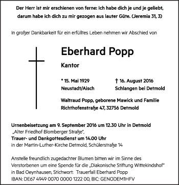 Anzeige  Eberhard Popp  Lippische Landes-Zeitung