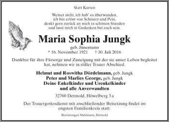 Anzeige  Maria Sophia Jungk  Lippische Landes-Zeitung
