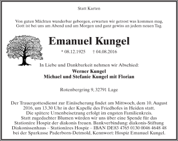 Anzeige  Emanuel Kungel  Lippische Landes-Zeitung