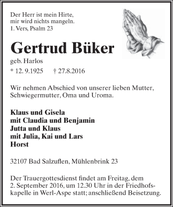 Anzeige  Gertrud Büker  Lippische Landes-Zeitung