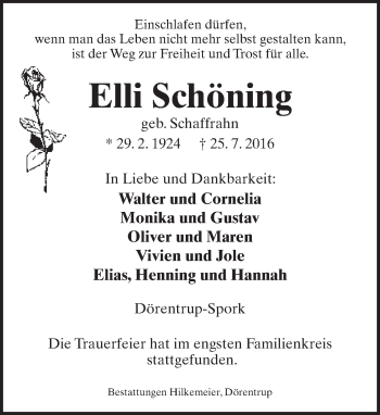 Anzeige  Elli Schöning  Lippische Landes-Zeitung
