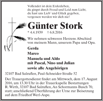 Anzeige  Günter Stork  Lippische Landes-Zeitung