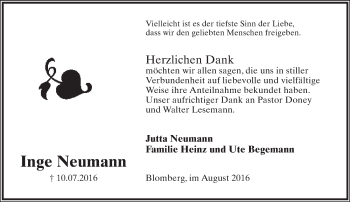 Anzeige  Inge Neumann  Lippische Landes-Zeitung