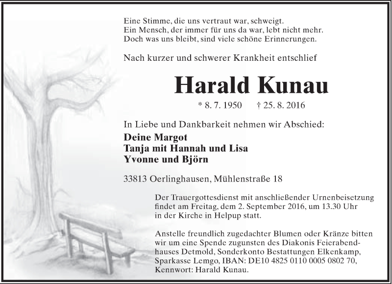  Traueranzeige für Harald Kunau vom 27.08.2016 aus Lippische Landes-Zeitung