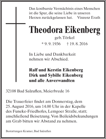 Anzeige  Theodora Eikenberg  Lippische Landes-Zeitung