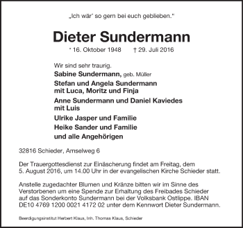 Anzeige  Dieter Sundermann  Lippische Landes-Zeitung