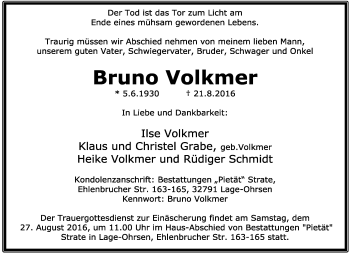 Anzeige  Bruno Volkmer  Lippische Landes-Zeitung