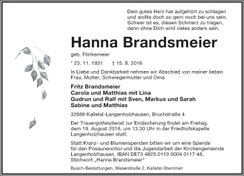 Anzeige  Hanna Brandsmeier  Lippische Landes-Zeitung