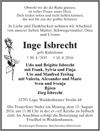 Anzeige  Inge Isbrecht  Lippische Landes-Zeitung