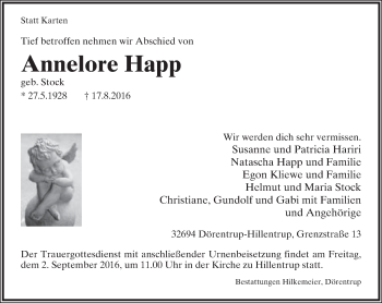 Anzeige  Annelore Happ  Lippische Landes-Zeitung