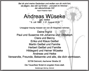 Anzeige  Andreas Wüseke  Lippische Landes-Zeitung