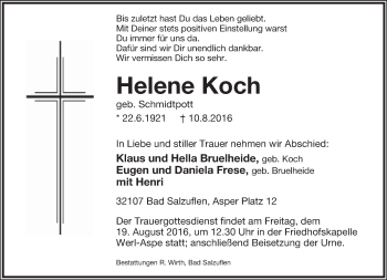 Anzeige  Helene Koch  Lippische Landes-Zeitung