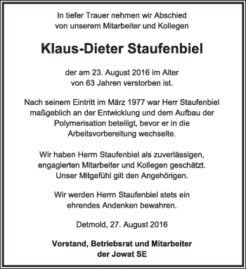 Anzeige  Kaus-Dieter Staufenbiel  Lippische Landes-Zeitung
