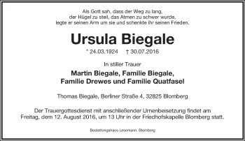 Anzeige  Ursula Biegale  Lippische Landes-Zeitung