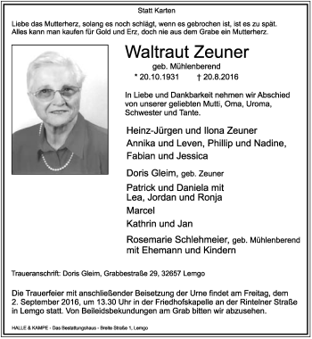 Anzeige  Waltraut Zeuner  Lippische Landes-Zeitung