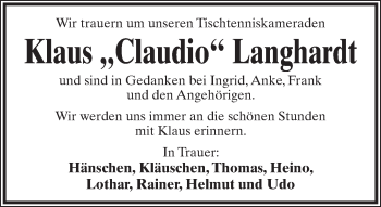 Anzeige  Klaus Langhardt  Lippische Landes-Zeitung