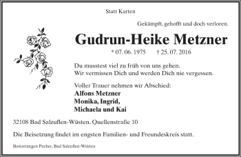 Anzeige  Gudrun-Heike Metzner  Lippische Landes-Zeitung