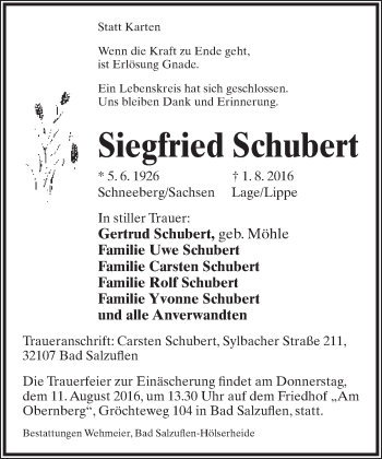 Anzeige  Siegfried Schubert  Lippische Landes-Zeitung