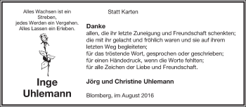 Anzeige  Inge Uhlemann  Lippische Landes-Zeitung