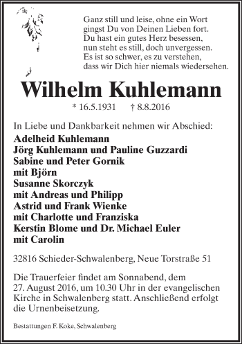 Anzeige  Wilhelm Kuhlemann  Lippische Landes-Zeitung