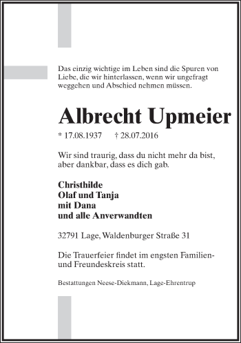 Anzeige  Albrecht Upmeier  Lippische Landes-Zeitung
