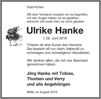 Anzeige  Ulrike Hanke  Lippische Landes-Zeitung