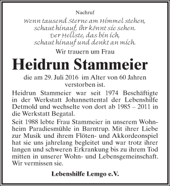 Anzeige  Heidrun Stammeier  Lippische Landes-Zeitung