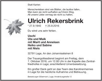 Anzeige  Ulrich Rekersbrink  Lippische Landes-Zeitung