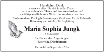 Anzeige  Maria Sophia Jungk  Lippische Landes-Zeitung