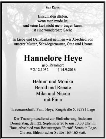 Anzeige  Hannelore Heye  Lippische Landes-Zeitung
