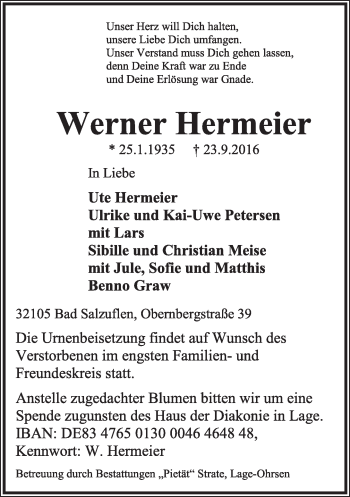 Anzeige  Werner Hermeier  Lippische Landes-Zeitung