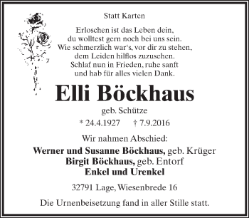 Anzeige  Elli Böckhaus  Lippische Landes-Zeitung