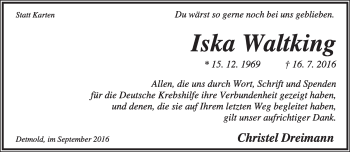 Anzeige  Iska Waltking  Lippische Landes-Zeitung