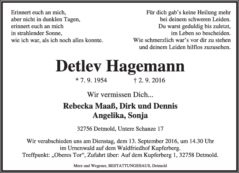  Traueranzeige für Detlev Hagemann vom 10.09.2016 aus Lippische Landes-Zeitung