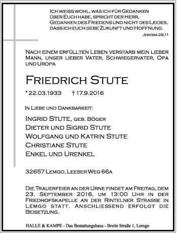 Anzeige  Friedrich Stute  Lippische Landes-Zeitung