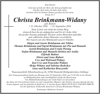 Anzeige  Christa Brinkmann-Widany  Lippische Landes-Zeitung