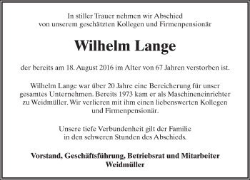 Anzeige  Wilhelm Lange  Lippische Landes-Zeitung