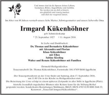 Anzeige  Irmgard Kükenhöhner  Lippische Landes-Zeitung