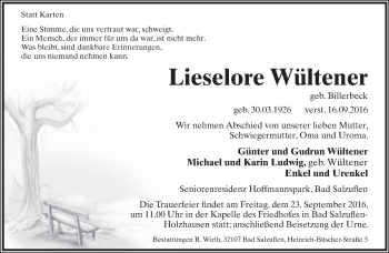 Anzeige  Lieselore Wültener  Lippische Landes-Zeitung
