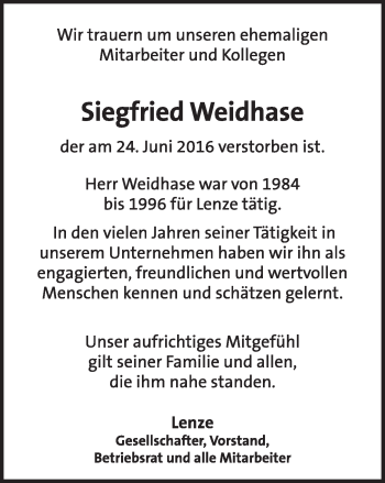 Anzeige  Siegfried Weidhase  Lippische Landes-Zeitung