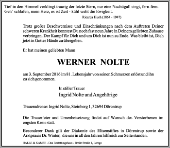 Anzeige  Werner Nolte  Lippische Landes-Zeitung