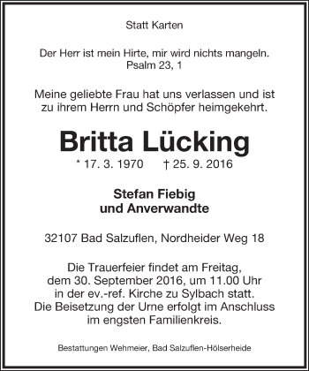 Anzeige  Britta Lücking  Lippische Landes-Zeitung