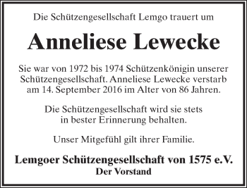 Anzeige  Anneliese Lewecke  Lippische Landes-Zeitung
