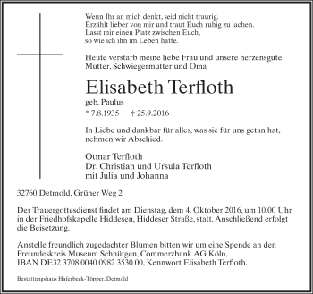 Anzeige  Elisabeth Terfloth  Lippische Landes-Zeitung