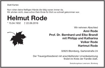 Anzeige  Helmut Rode  Lippische Landes-Zeitung